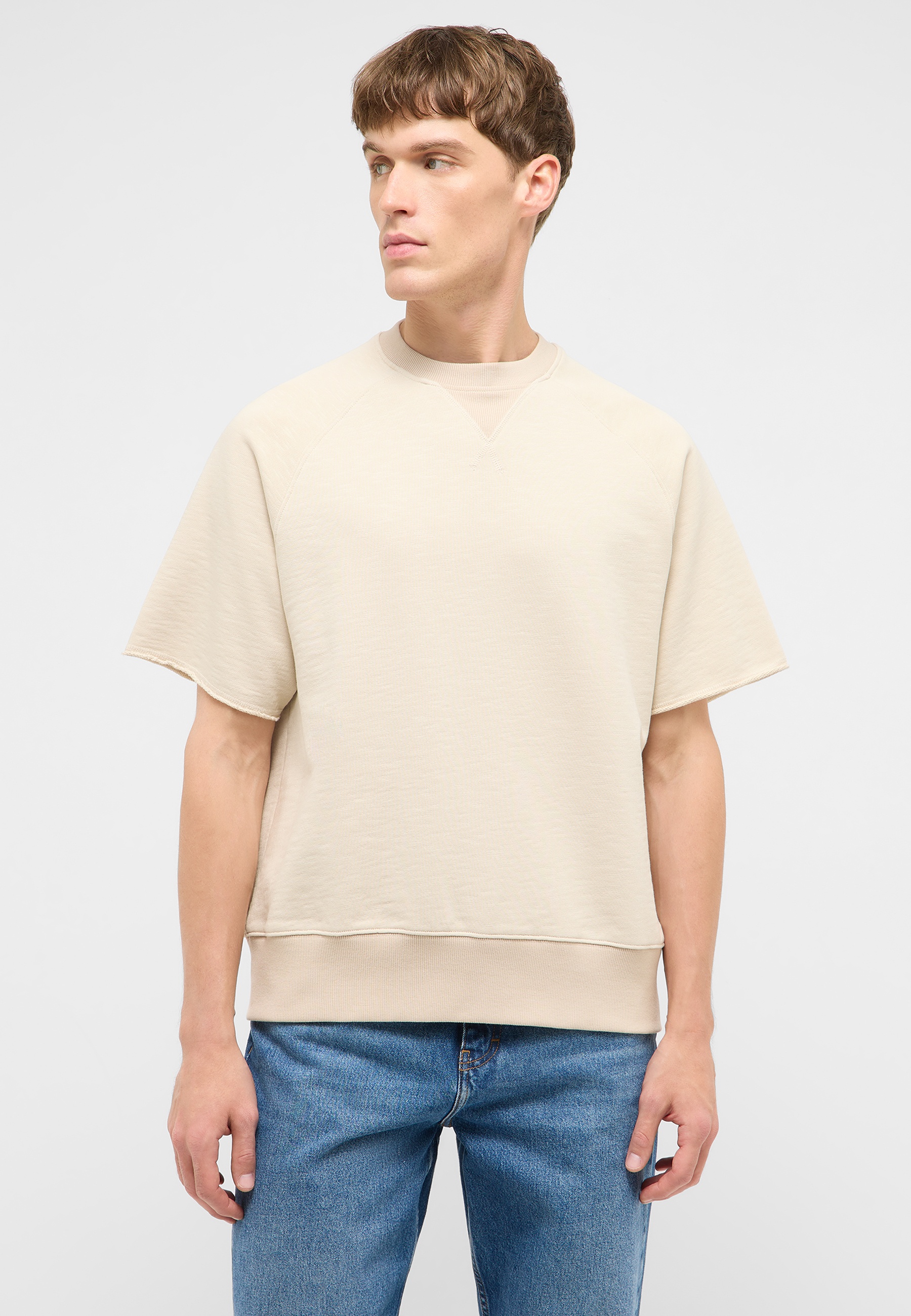 Beiges Sweatshirt, Kurzarm Sweatshirt, Kragenloses Oberteil, Unifarbenes Top, Oberteil mit gerader Saumkante