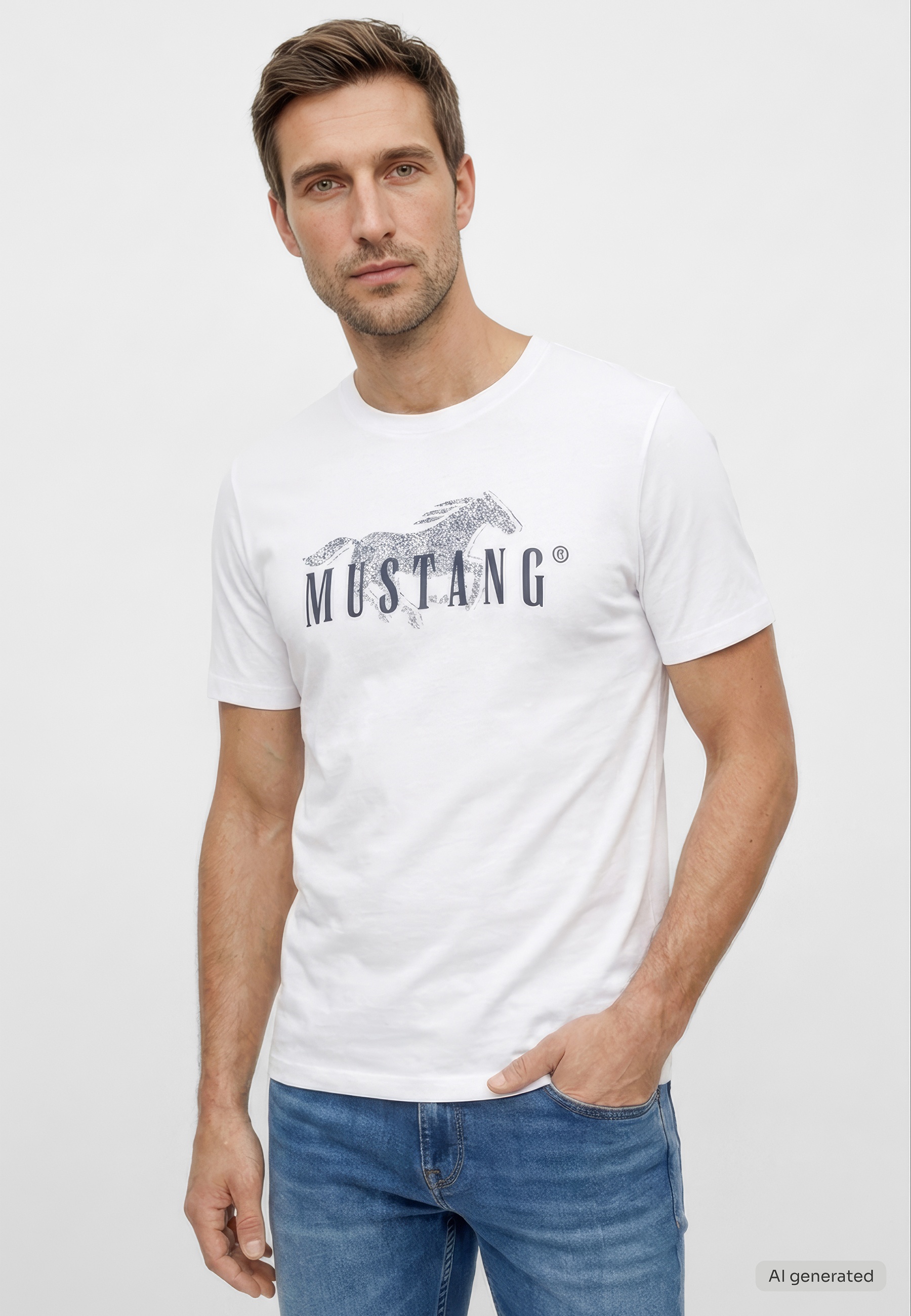 T-Shirt, Weiß, Mustang-Logo, Kurzarm, Runder Halsausschnitt