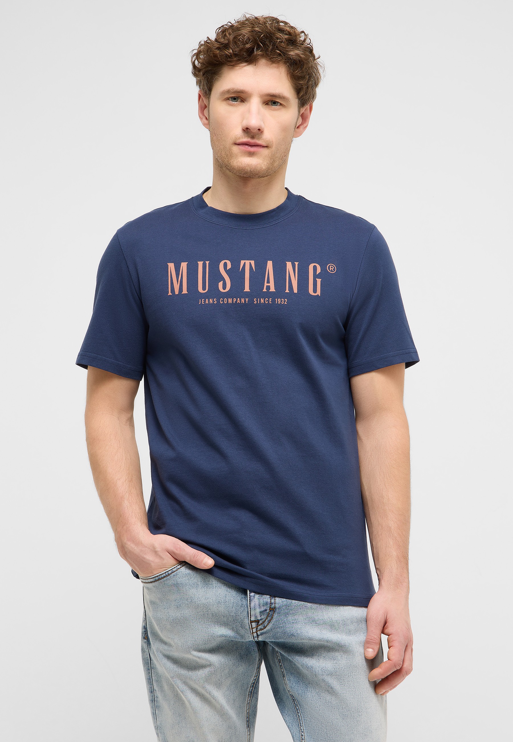 t-shirt, kurzarm, herren, grafiktext, blau