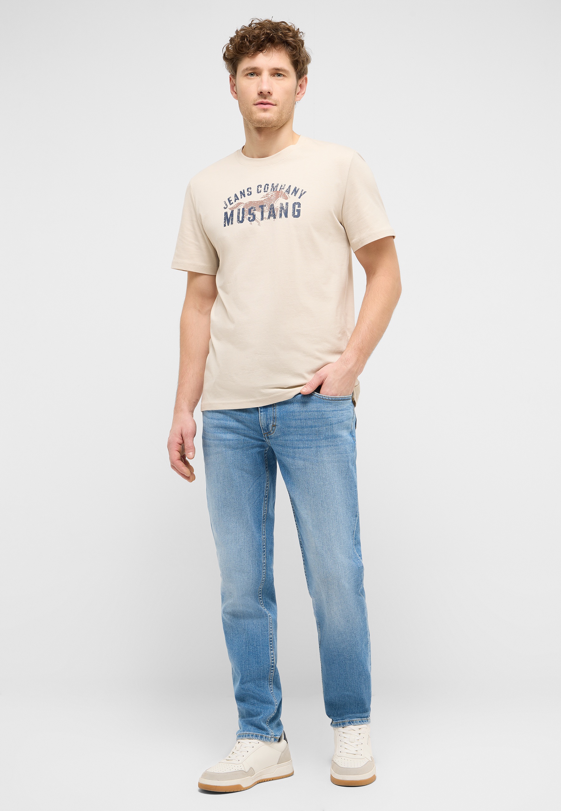 T-Shirt, Beige, Kurzarm, Logo-Aufdruck, Jeans-Set