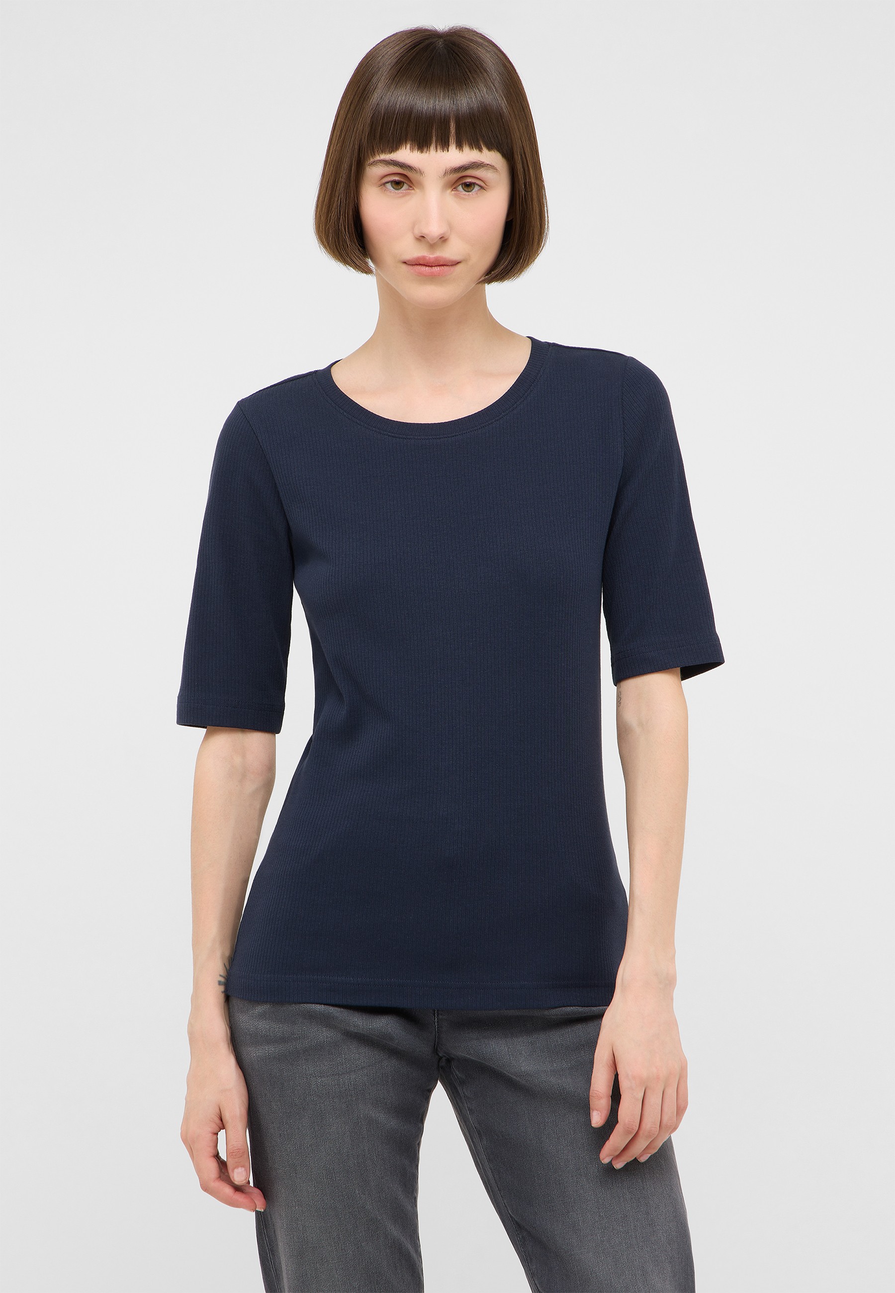 Damen T-Shirt, Marineblau, Kurzarm, Rippstrick, gerade Passform