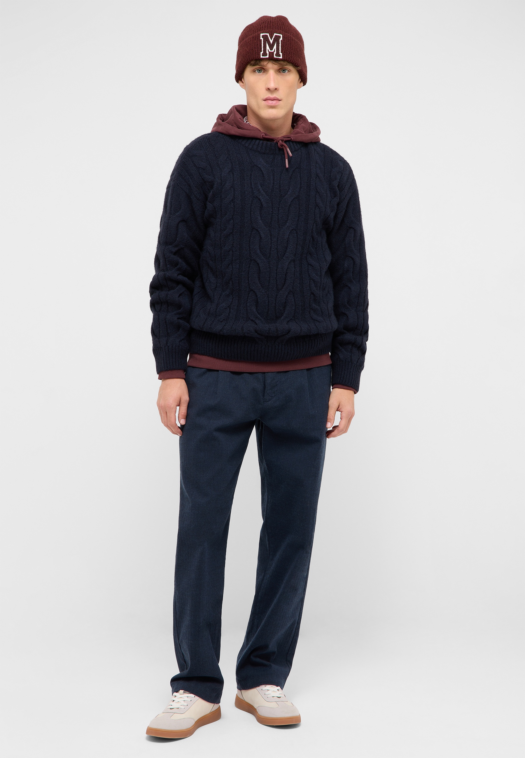 Kabelstrickpullover, Hoodie-Einsätze, Navy Blau, Wolle, Sweater mit Muster