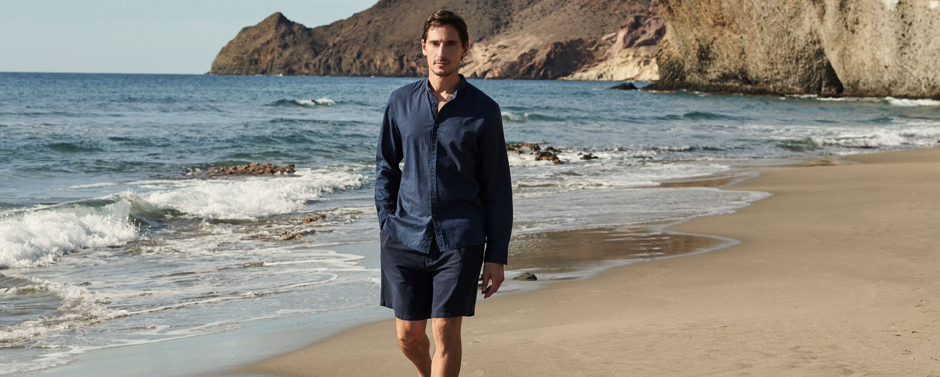 shirt, long-sleeve, navy, shorts, beach