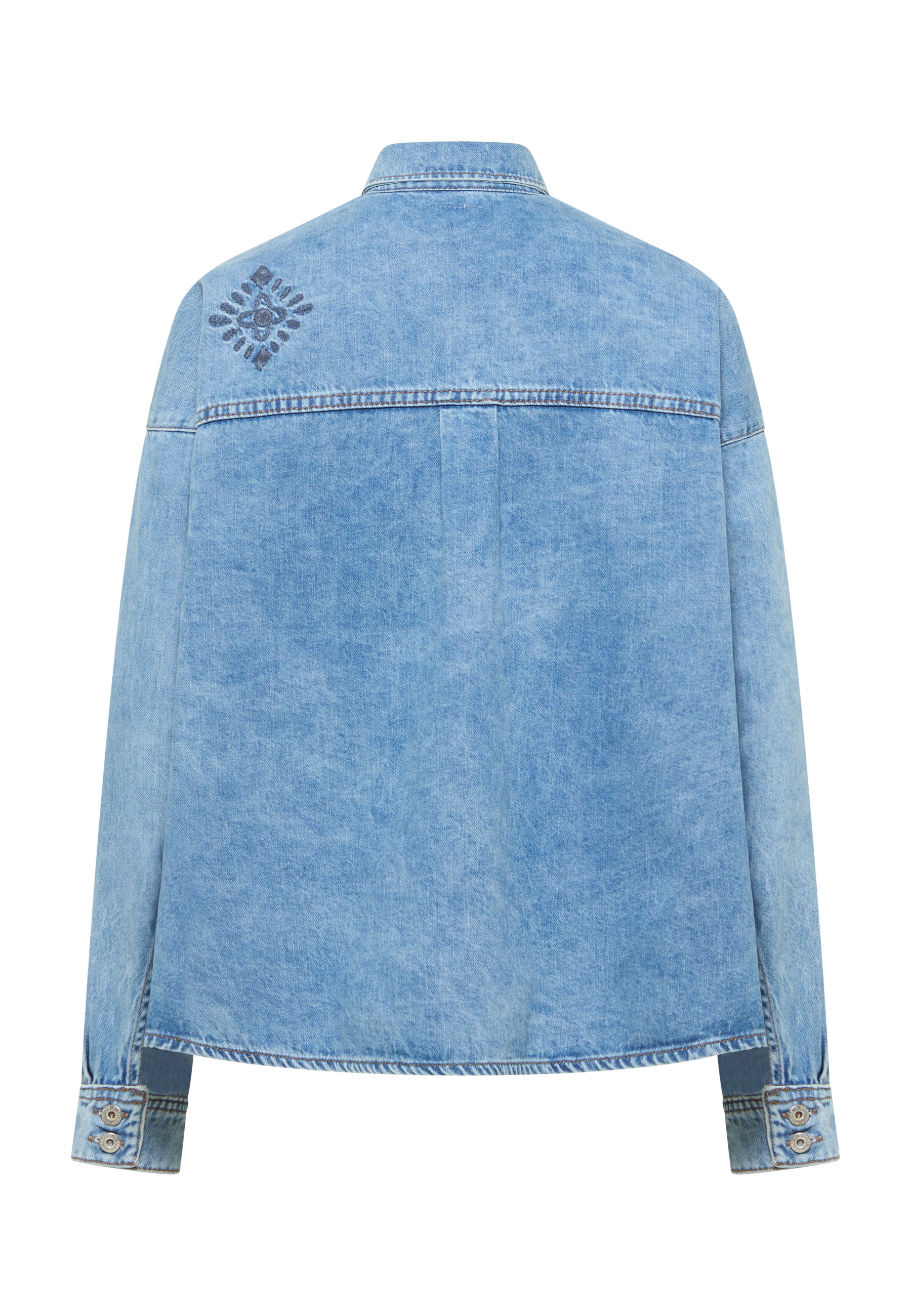 Denimjacke, Blauer Denim, Langarm, Besticktes Detail, Rückansicht