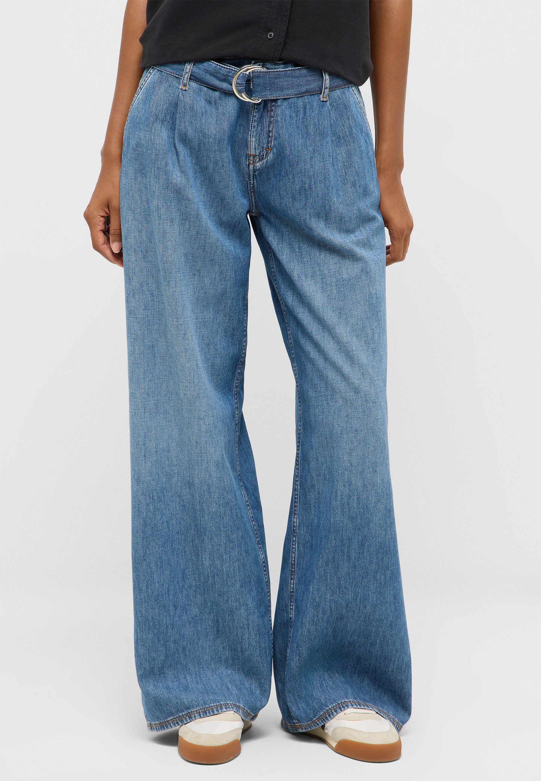 Jeans, Weite Hose, Hohe Taille, Gürtelschnalle, Indigo Blau