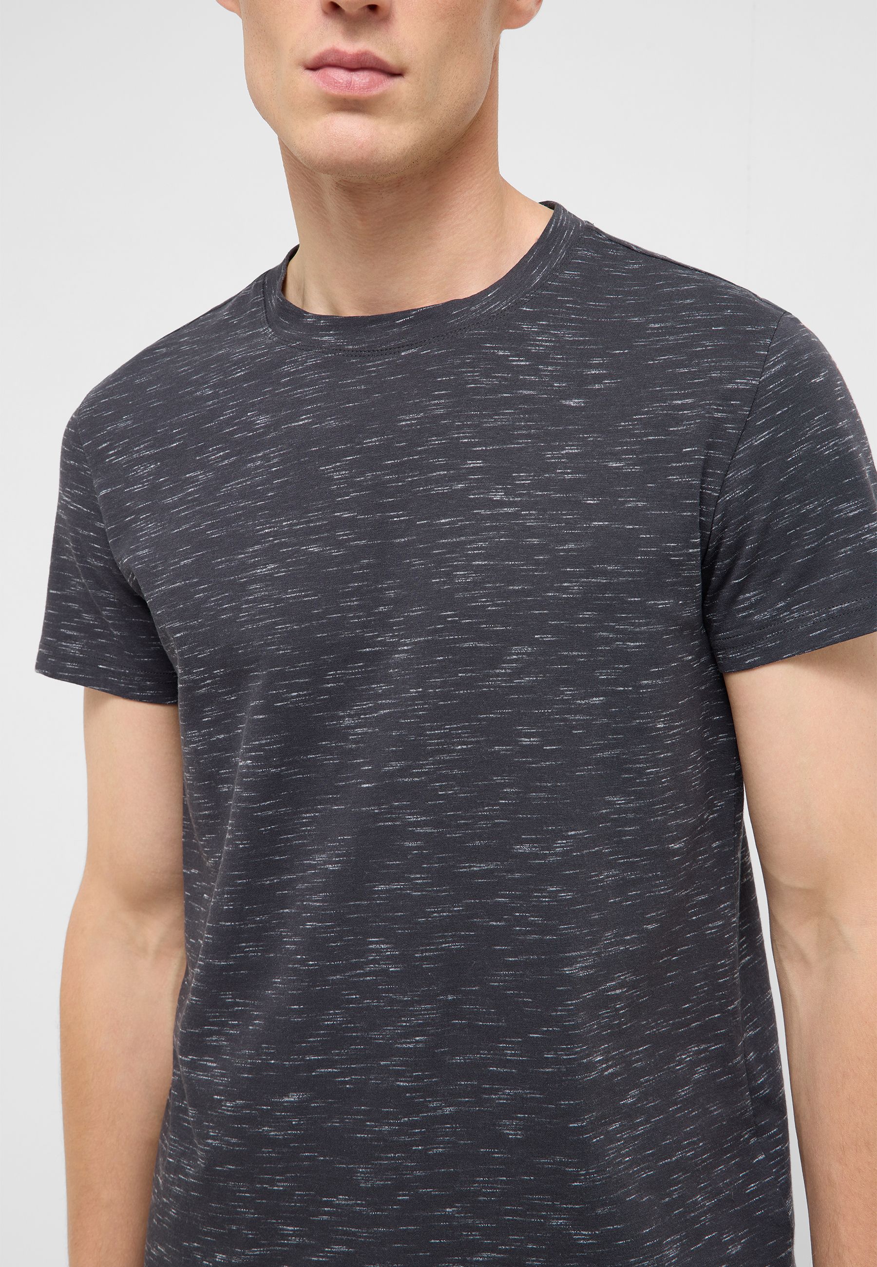 T-Shirt, Rundhals, Kurzarm, Meliert, Dunkelgrau