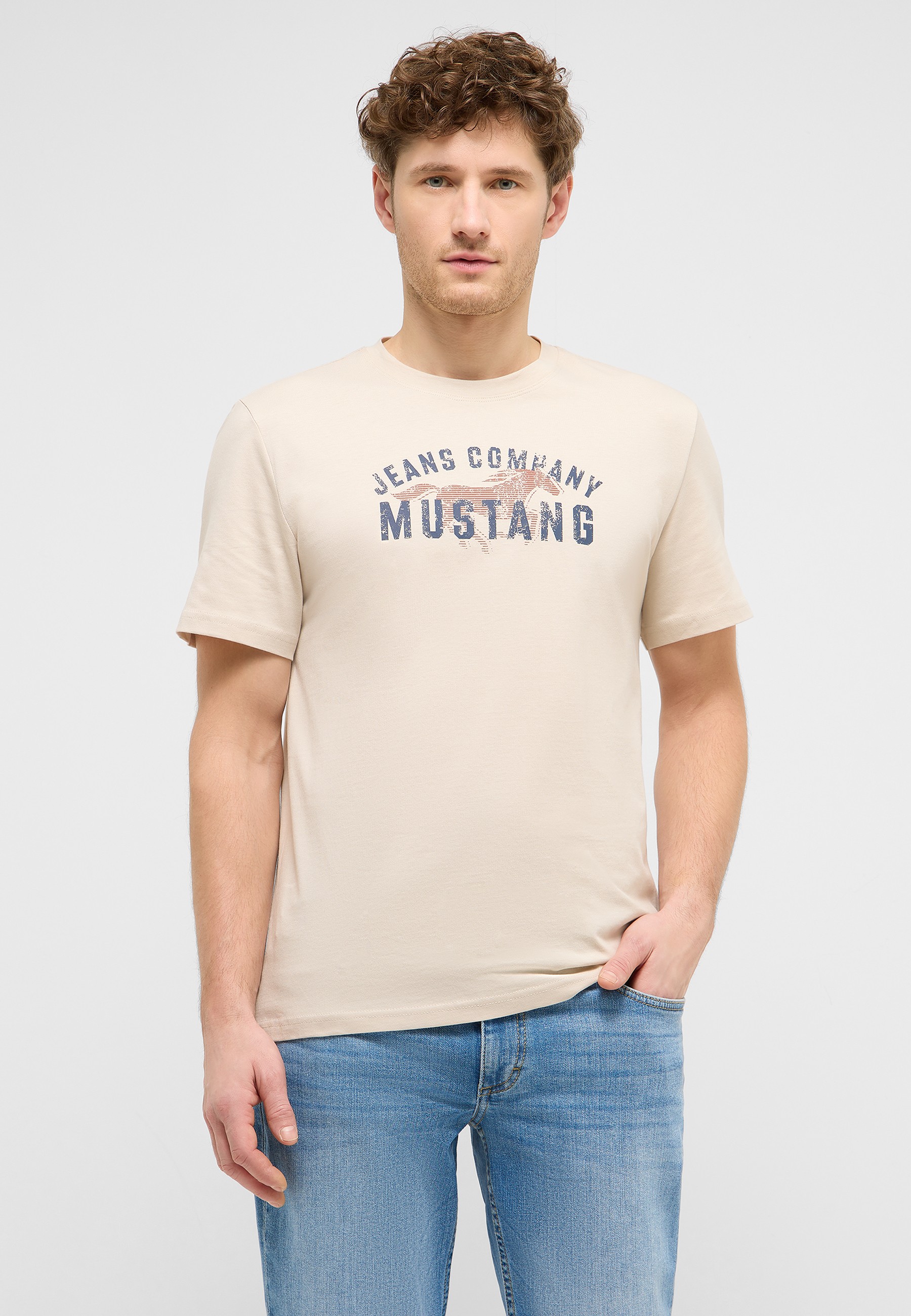 t-shirt, beige, Mustang Grafik, Kurzarm, Jeans Casual