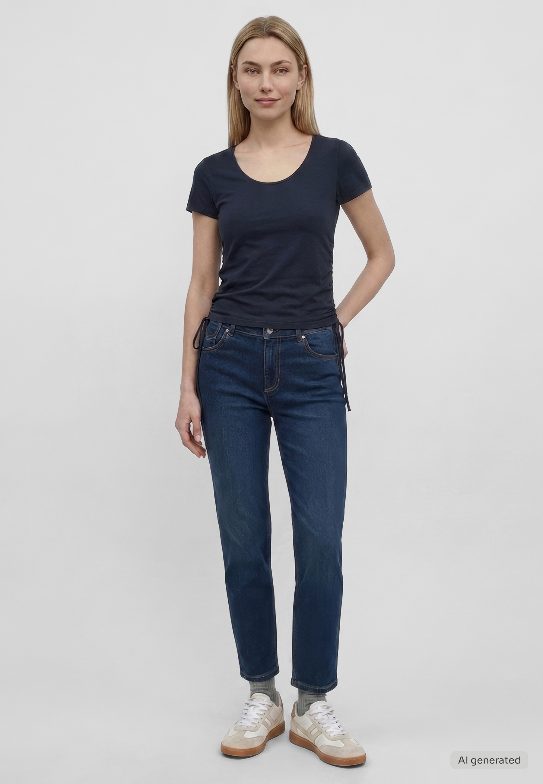 T-Shirt, knit top, marineblau, kurzarm, slim fit