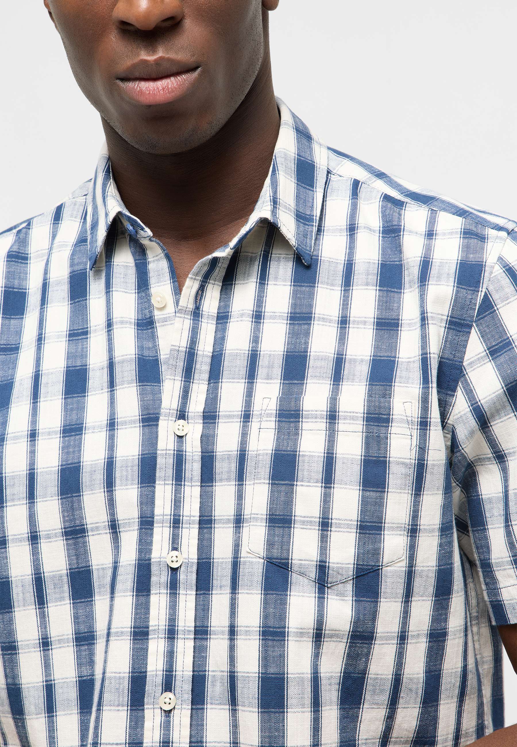 Checked shirt, Plaid pattern, Button-up, Short sleeve, Blue white combo