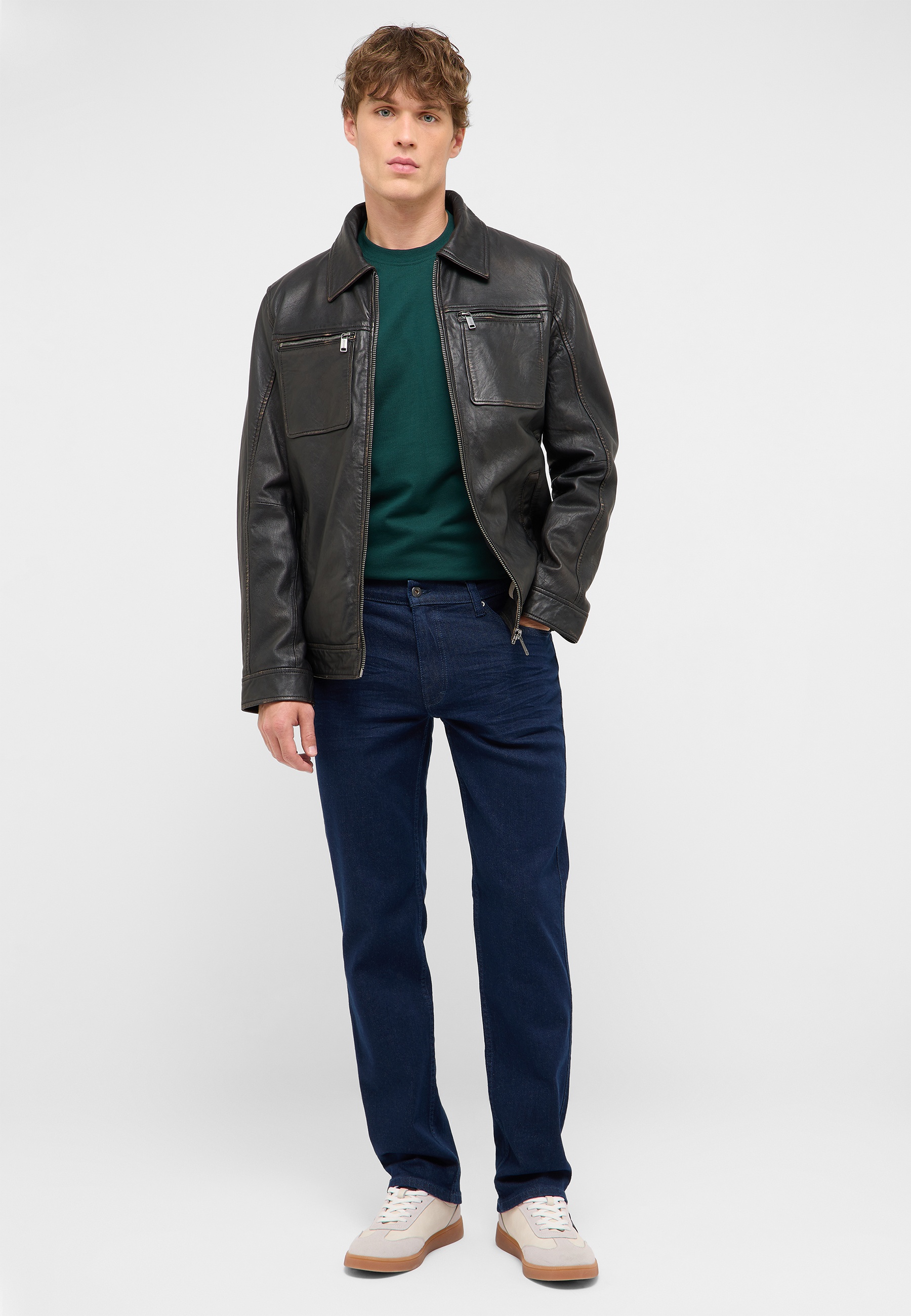 Lederjacke, Schwarz, Lässiger Stil, Zweckreißverschluss, Dunkelgrün Shirt