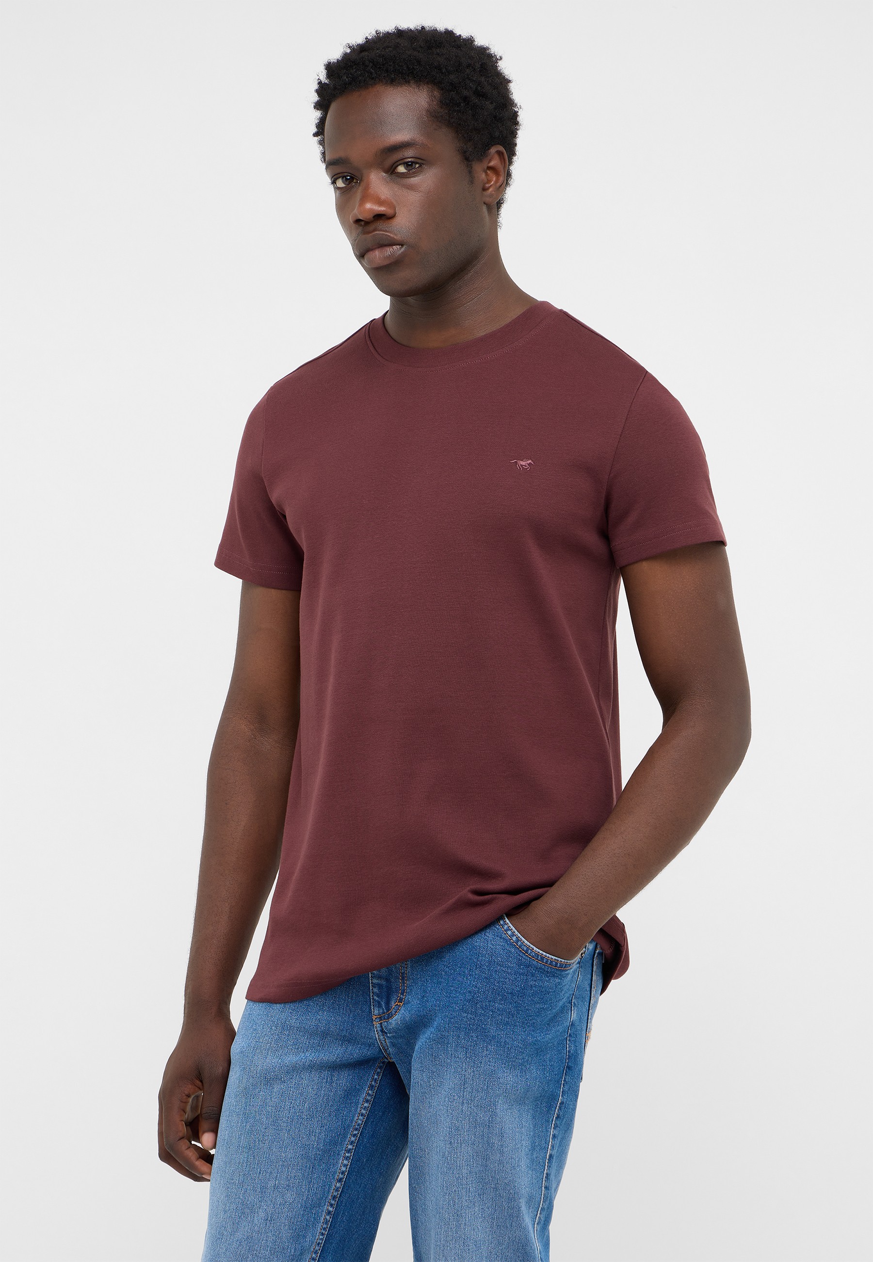 T-Shirt, Kurzarm, Rundhals, Uni-Farbe, Burgunder