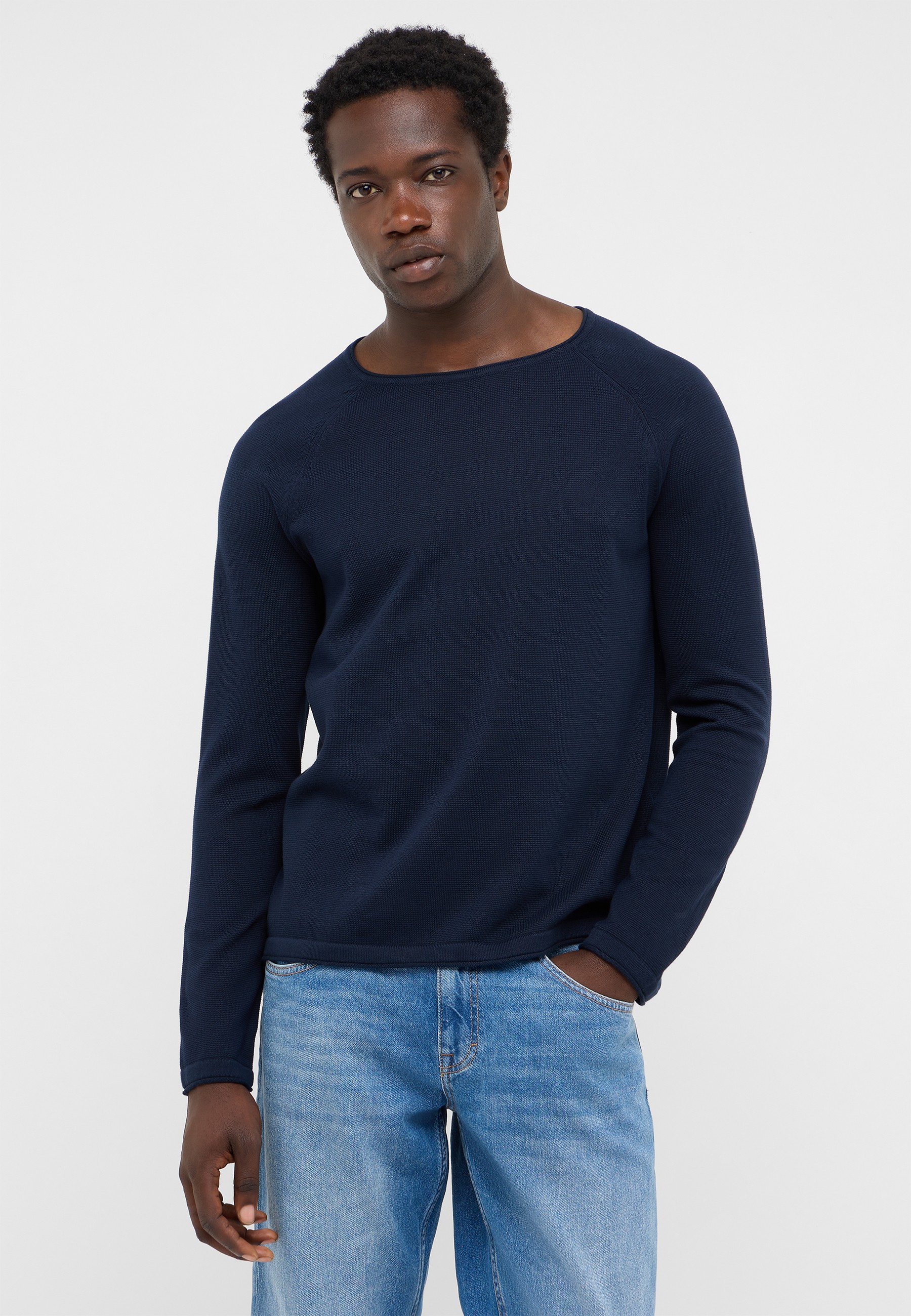 Langarmshirt, Rundhalsausschnitt, Navy, Strickware, Jeans