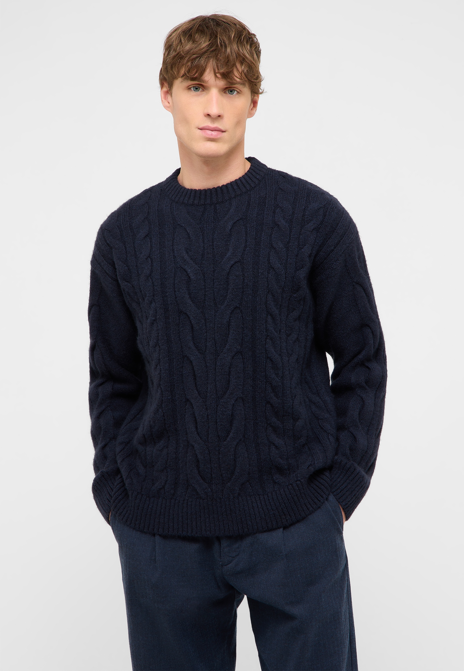 Kabelknäuel-Pullover, Cable-Knitted, Pullover, Navy, Wollpullover