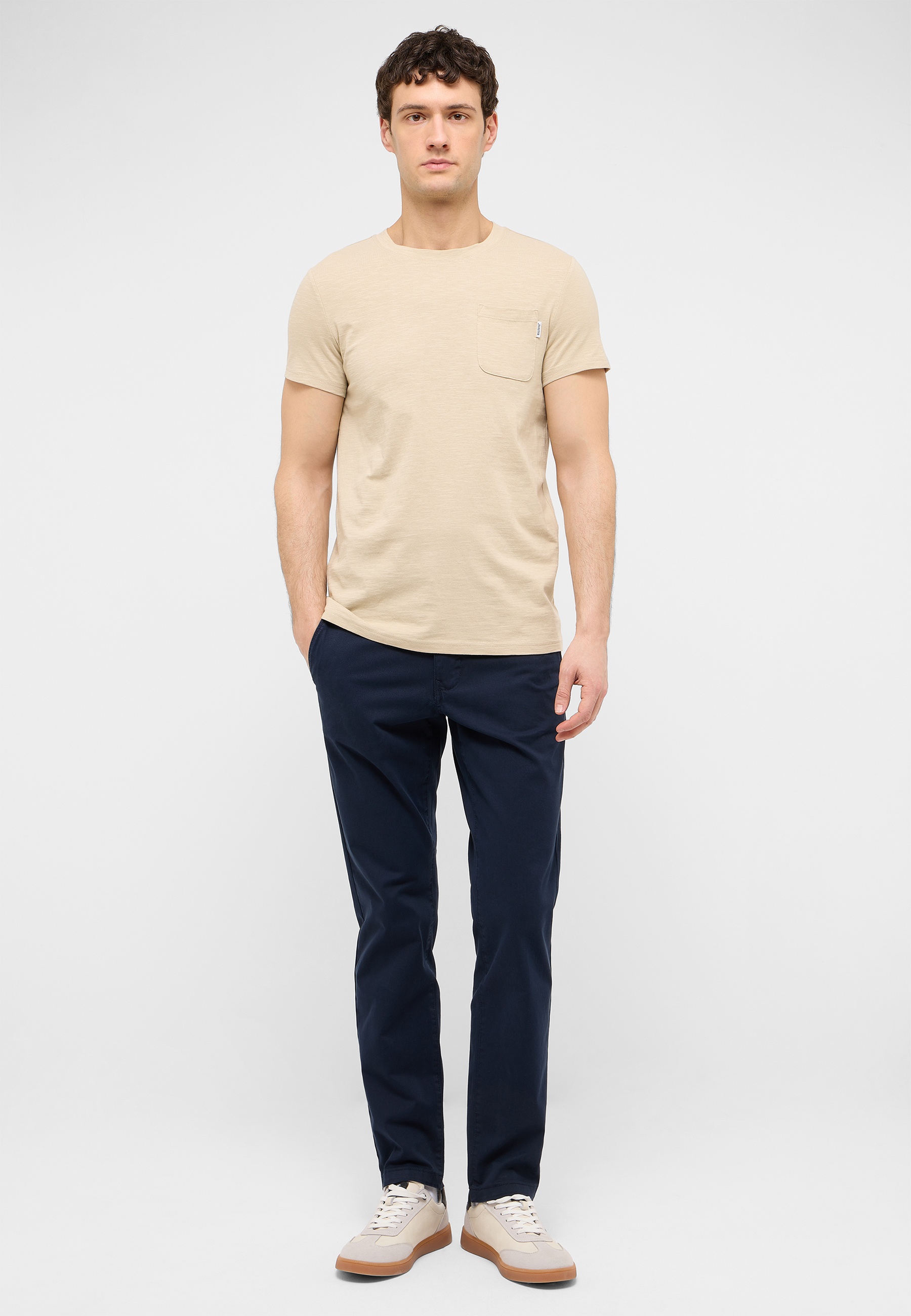 t-shirt, beige, Kragenloses, Kurzarm, Taschen-Chest