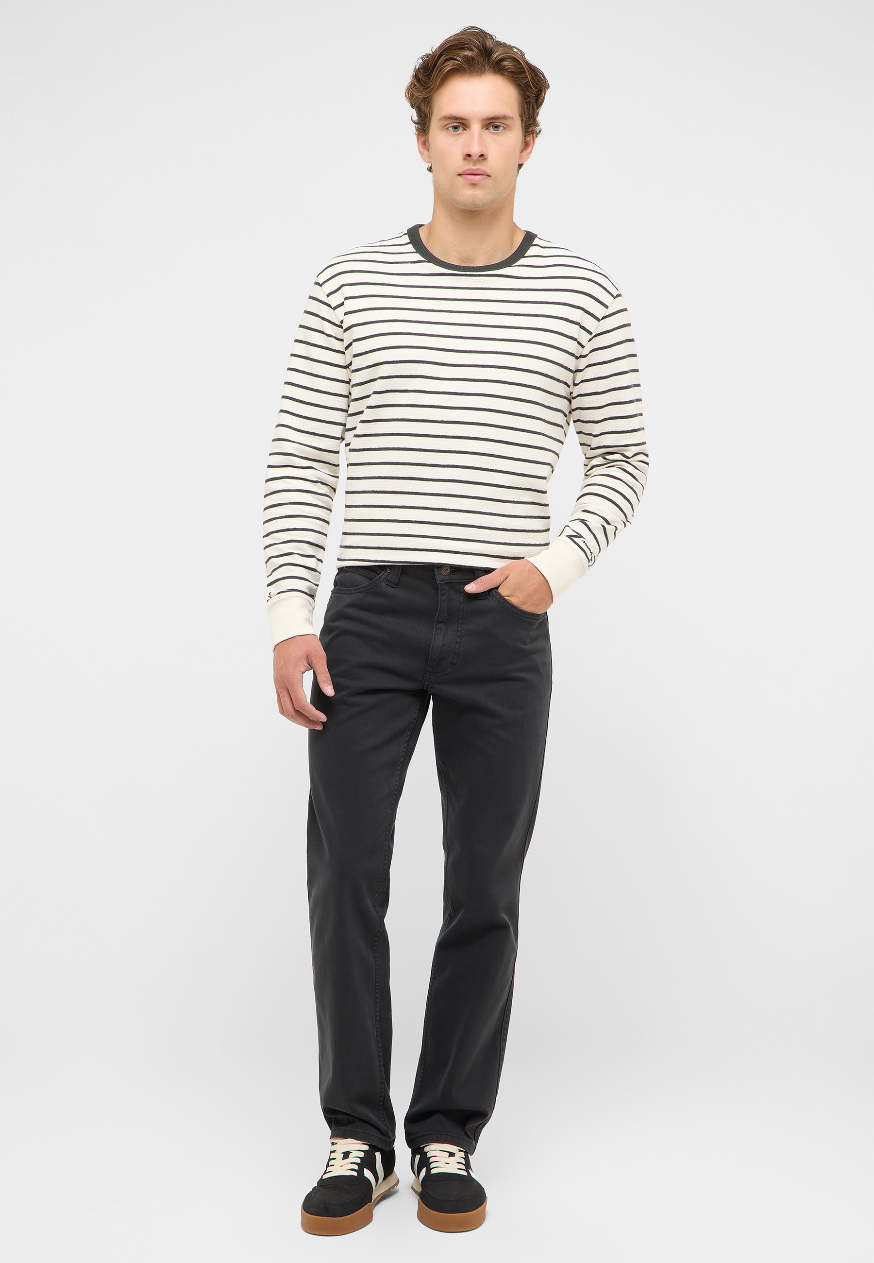 Streifen, Langenarm, Rundhals, Beige, Slim Fit