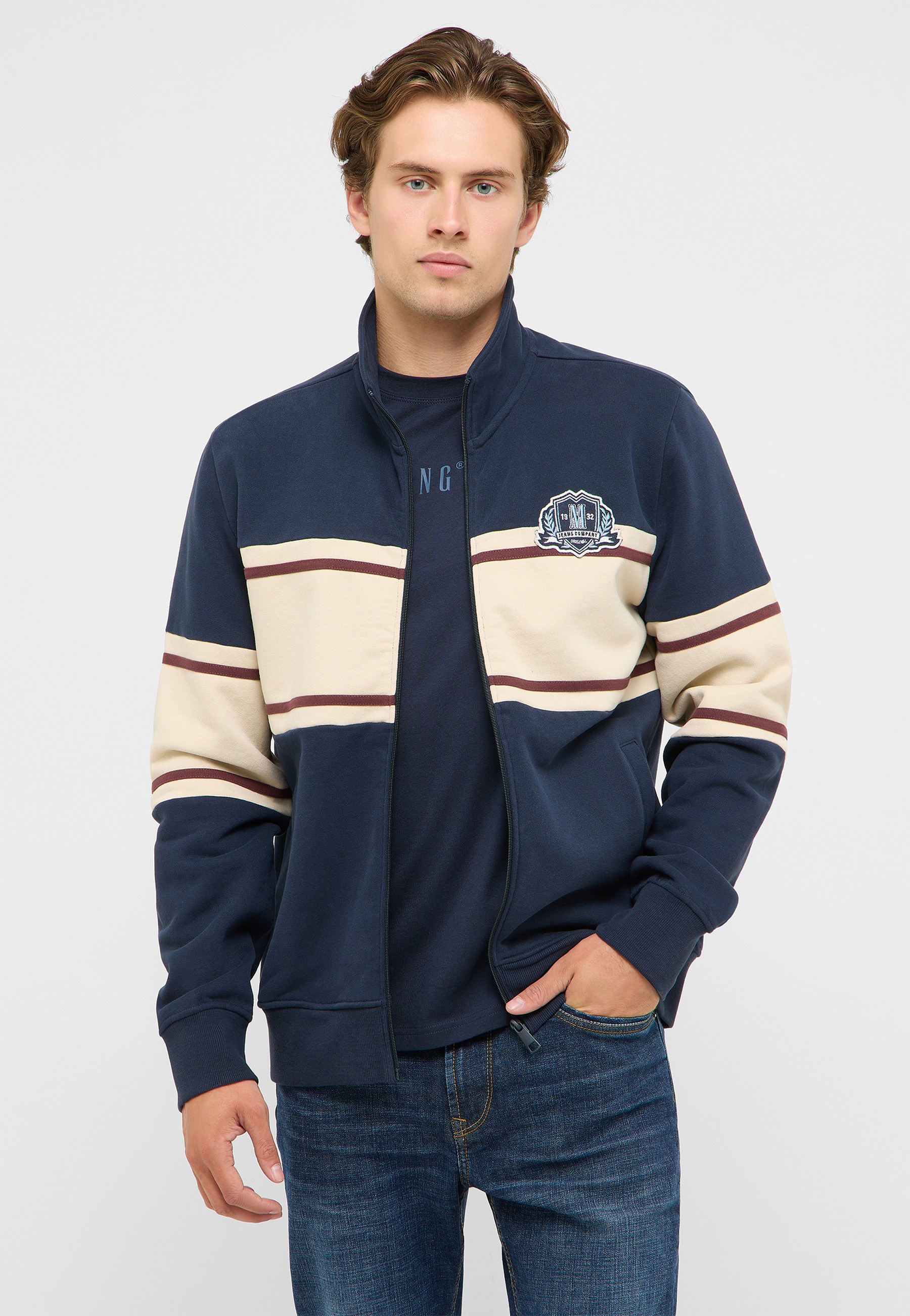 jacke, Reißverschlussjacke, marineblau, Streifen, Logo
