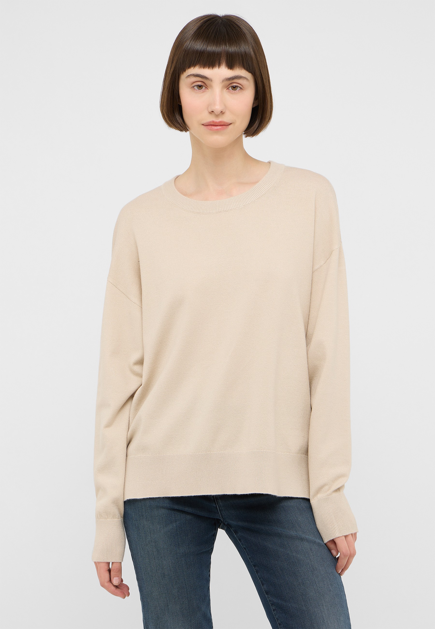 Pullover, Beige, Crewneck, Kastenteil, Langarm